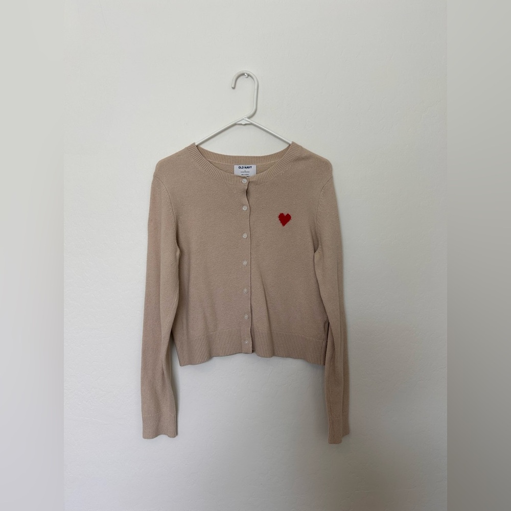 OLD NAVY - Women's Beige Cardigan Sweater with Red Heart